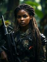 AI generated Dark-skinned young girl in full length military uniform with weapon in hand in the jungle. Powered by Artificial Intelligence. photo