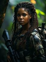 AI generated Dark-skinned young girl in full length military uniform with weapon in hand in the jungle. Powered by Artificial Intelligence. photo