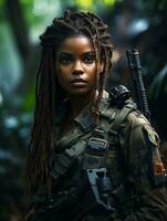 AI generated Dark-skinned young girl in full length military uniform with weapon in hand in the jungle. Powered by Artificial Intelligence. photo