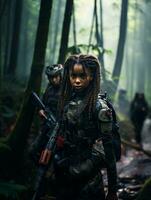 AI generated Dark-skinned young girl in full length military uniform with weapon in hand in the jungle. Powered by Artificial Intelligence. photo