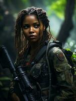 AI generated Dark-skinned young girl in full length military uniform with weapon in hand in the jungle. Powered by Artificial Intelligence. photo