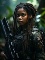 AI generated Dark-skinned young girl in full length military uniform with weapon in hand in the jungle. Powered by Artificial Intelligence. photo