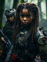 AI generated Dark-skinned young girl in full length military uniform with weapon in hand in the jungle. Powered by Artificial Intelligence. photo