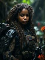 AI generated Dark-skinned young girl in full length military uniform with weapon in hand in the jungle. Powered by Artificial Intelligence. photo