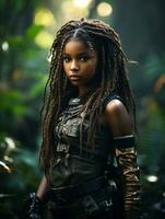 AI generated Dark-skinned young girl in full length military uniform with weapon in hand in the jungle. Powered by Artificial Intelligence. photo
