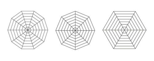 Radar, araña diagrama plantillas. polígono gráficos araña malla. diagrama para estadística, analítico. blanco Radar sencillo cartas entrenamiento herramientas. plano rejillas con 6, 8,10 segmentos vector gráfico ilustración.