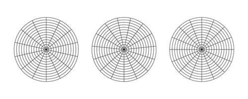 rueda de vida plantillas. entrenamiento herramienta para visualizante. circulo diagramas de vida estilo balance. polar rejillas con segmentos y concéntrico círculos espacios en blanco de polar grafico papel. vector ilustración.