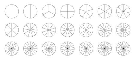 Circular segmented charts. Pie chart template. Sectors divide the circle on equal parts. Outline black thin graphics. Set of pizza charts. Segments infographic. Diagram wheel parts. Coaching tool. vector