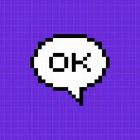 Pixel dialog box with the inscription ok on a bright purple background. Illustration in the style of an 8-bit retro game, controller. vector