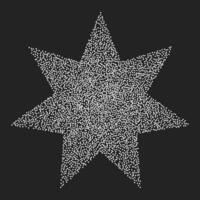 Vintage star with seven rays of white dots on a dark background. Vector halftone element, noisy textured geometric shape in stipplism style