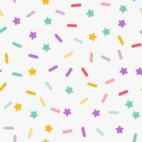 Simple minimalistic seamless pattern, multicolored playful hand drawn cute lines and stars on a white background. Sugar sprinkles on a donut, confetti, cupcake. vector