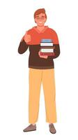 Man stands with stack of books and shows thumbs up. Education hobby concept vector illustration.