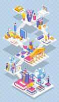 Educational isometric concept. People reading on a tower of books. Flat design vector illustration.
