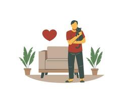 Man with a cat in his arms. Vector illustration in flat style