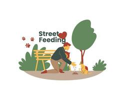 Man sitting on bench in park and feeding cat. Flat vector illustration.