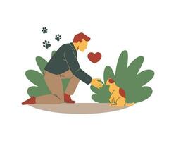 hombre caricias un perro con un corazón en el suelo. plano estilo vector ilustración