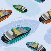 Editable Back Top Oblique View American Bowrider Boats in Various Colors on Water Vector Illustration as Seamless Pattern for Creating Background of Transportation or Recreation Related Design