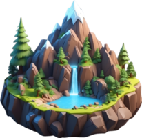 AI generated 3d mountain landscape with waterfall, trees and water png