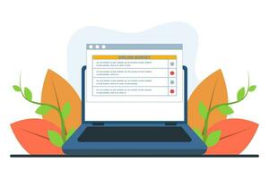 online poll and survey concept, people monitor online survey results using laptops, to create paper note lists, can be used for, landing pages, homepages, posters, banners. flat vector illustration.