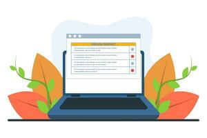 en línea encuesta y encuesta concepto, personas monitor en línea encuesta resultados utilizando portátiles, a crear papel Nota liza, lata ser usado para, aterrizaje páginas, páginas de inicio, carteles, pancartas plano vector ilustración.