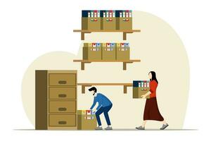 archival document storage concept, businessman putting document file folders in storage cupboard, man and woman doing document filing, flat vector character illustration on white background.