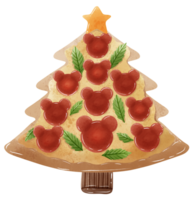 Watercolor hand drawn illustration of a bear shaped pepperoni and christmas tree shaped pizza and cheese with some herbs png