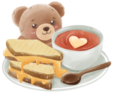 Watercolor hand drawn illustration of a bear with tomato soup and grilled cheese sandwiches and a wooden spoon png