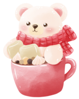 Watercolor hand drawn illustration of a bear in a hot cacao decorating with marshmallow and some chocolate chops in a pink mug png