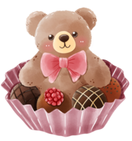 Watercolor hand drawn illustration of a bear with chocolate truffles decorate in raspberry and white chocolate stripes png