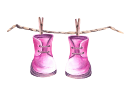 Baby pink booties, shoes with clothesline and clothes pegs. It is a girl. Watercolor painted illustration for birthday, baby shower, newborn, gender reveal party clipart. png