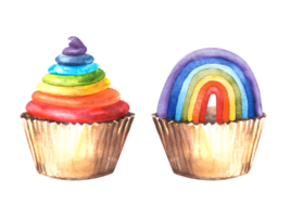 Rainbow cupcakes set with multicoloured cream, icing, frosting. Hand drawn watercolor illustration, Clipart for any concept and purpose, menu, LGBT, pride party, birthday. png