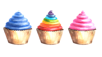 Set of watercolor cupcakes with pink, blue and rainbow cream. Hand drawn delicious food watercolor illustration. Clipart for birthday party, baby shower card, LGBT. png