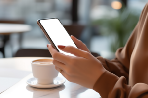 ai gegenereerd digitaal consumentisme, vrouw handen gebruik makend van smartphone Bij koffie winkel png