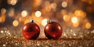 AI generated shiny Christmas balls, Christmas tree decorations on a background of fireworks. festive background for Christmas, New Year. AI generated photo
