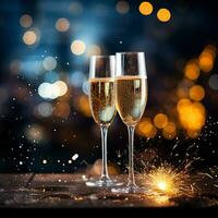 AI generated glasses of champagne against the backdrop of festive fireworks and gold sparkles. festive background for Christmas, New Year. AI generated photo