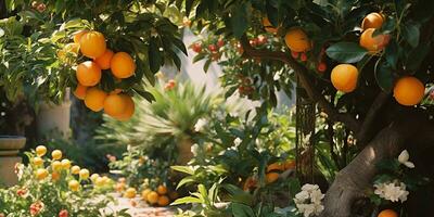 ai generado hermosa jardín con naranja arboles maduro frutas cosecha temporada naranjas, mandarinas, pomelos foto