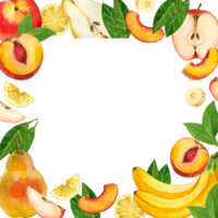 Square watercolor frame made of fruits. Bananas, peaches, pear, lemon slices, leaves hand drawn in watercolor on a transparent background. For printing on fabric, decorating kitchens, dishes, recipes png