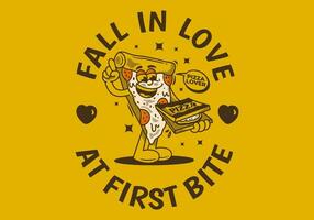 Fall in love at first bite. Character of pizza holding a box pizza vector