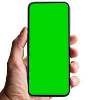 hand visar mobil smartphone med grön skärm i vertikal placera png