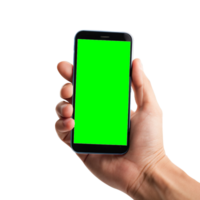 hand shows mobile smartphone with green screen in vertical position png