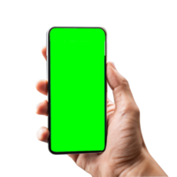 hand shows mobile smartphone with green screen in vertical position png