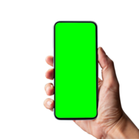 hand shows mobile smartphone with green screen in vertical position png