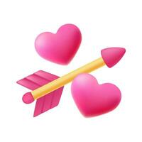 Cupid arrow with two hearts, 3d icon isolated. vector