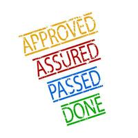 Assured, passed, done, approved rubber stamp. Vector grunge seal, assurance and permit isolated ink illustration