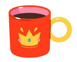 Mug with a crown design. Ceramic Crockery. Flat vector illustration isolated on white background.