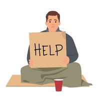 Homeless people cartoon composition with sad poor homeless man sits on the ground with nameplate need help. vector