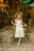 romántico interpolación niña en ligero vestido de verano y Paja sombrero en pie en henil foto