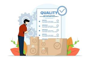 Product quality control concept, people check product quality with established standards. inspection or testing procedures that focus on meeting requirements. Modern flat vector illustration.