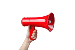 AI generated Hand of man holding megaphone over transparent background. png