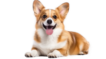 ai généré une de bonne humeur marron et blanc corgi mensonge vers le bas contre une transparent Contexte png